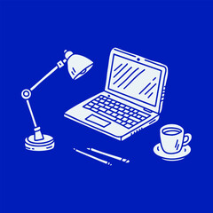 Vector illustration workspace featuring laptop, desk lamp, coffee cup, and pens in minimalist white line art style on blue background. Ideal for office, study, remote work, and productivity themes.