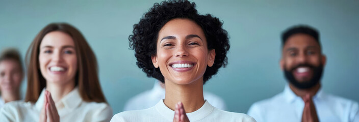 Obraz premium Smiling professionals giving a standing ovation, chic office, futuristic design, team success, collaborative achievement