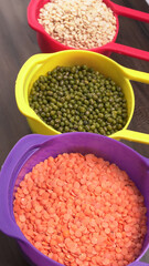 Assorted different types of beans and cereals grains. Set of indispensable sources of protein for a healthy lifestyle. Everyday use at Indian households.