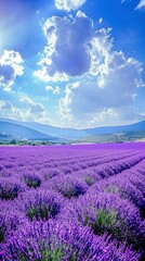 Fototapeta premium A vibrant lavender field stretches towards the horizon under a bright blue sky scattered with fluffy white clouds. The rows of purple lavender plants create a striking contrast against the lush green 