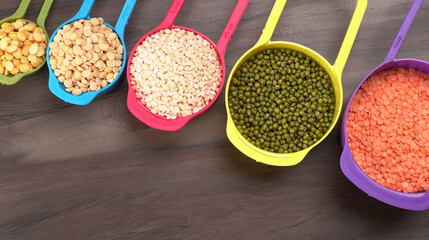 Assorted different types of beans and cereals grains. Set of indispensable sources of protein for a healthy lifestyle. Everyday use at Indian households.