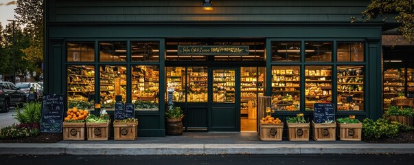 A boutique dark green exterior gourmet market, offering organic foods and specialty products, located in a busy suburban shopping center