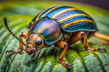 Naklejka premium Closeup of Stenocara gracilipes, a metallic, beetle with a slender, beak-shaped head and striped body