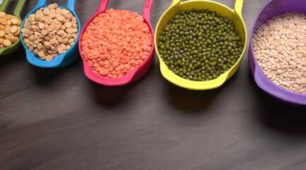 Assorted different types of beans and cereals grains. Set of indispensable sources of protein for a healthy lifestyle. Everyday use at Indian households.