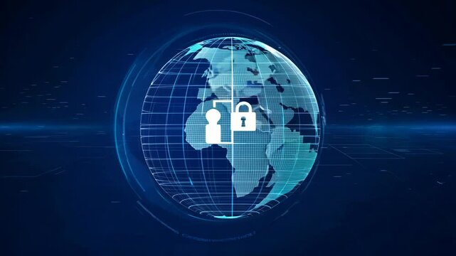 A holographic wireframe spinning globe with a digital grid and key in blue color

.