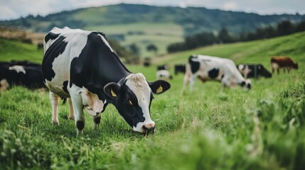 Close-up shot of cows grazing in a green field, a peaceful dairy farm setting,
