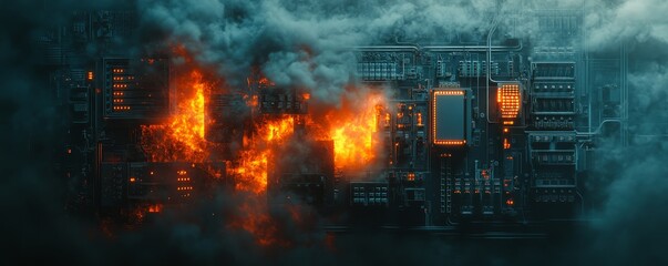 Obraz premium Terrifying Short Circuit: Overloaded Electrical Switchboard in Flames - Detailed Illustration Warning of Electrical Hazards