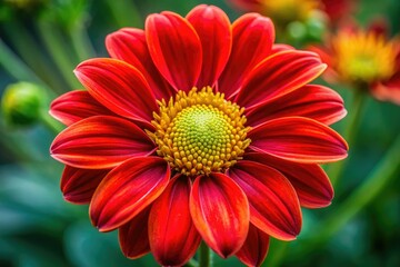Deep red petals unfold around a bright yellow center, nestled within a slender green stem, a pop of color in the garden.