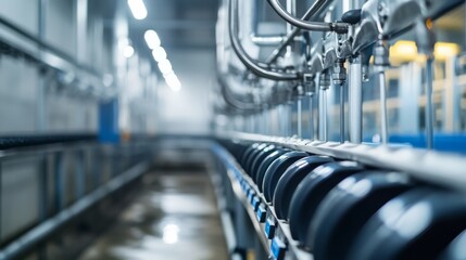 Dairy cow feeding system in a modern farm, close-up perspective,