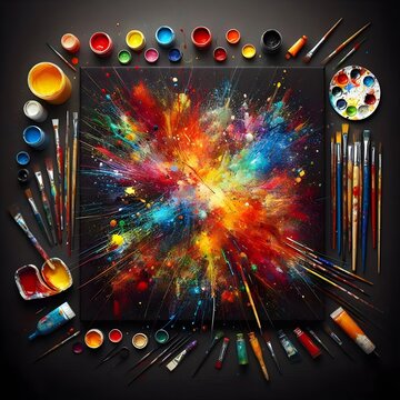 Colorful paints on black canvas, High-resolution artistic setup