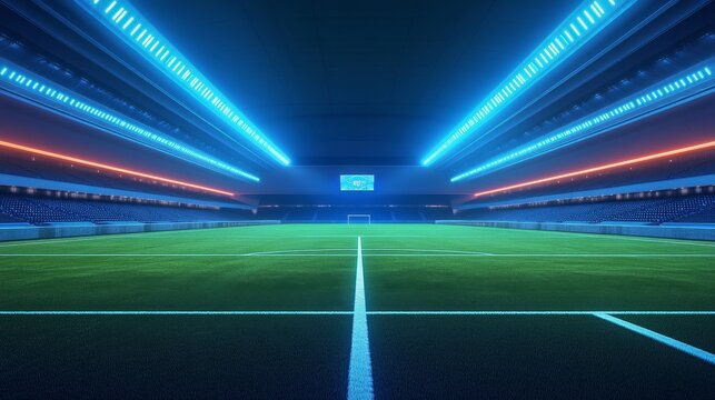 Futuristic Empty Football Stadium with Bright Blue Lighting - Digital Illustration for Promotional Designs and Virtual Sports Experiences