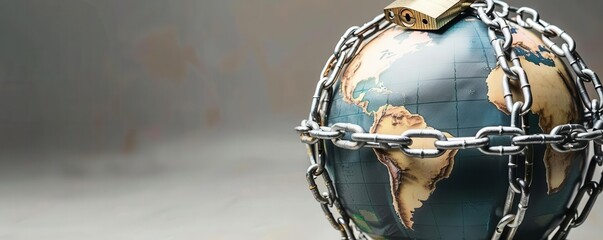 A globe encased in steel chains, locked with a padlock, restricted global trade, international economic restrictions