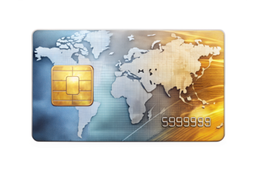 Credit card with world map design and chip isolated on transparent background