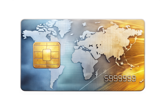 Credit card with world map design and chip isolated on transparent background