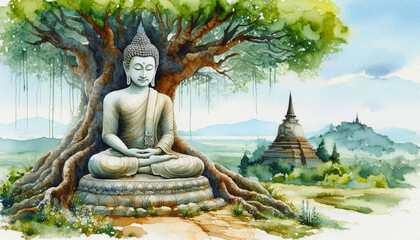 colorful watercolor painting Meditating Buddha statue for meditation, religion, zen, peace, Buddhism related concept