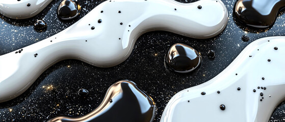 Obraz premium Abstract composition of swirling black and white paint creating a modern artistic design with glossy textures and vibrant contrast.