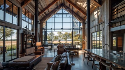 Luxurious Modern Rustic Living Room with Panoramic Nature View and Cozy Wooden Accents