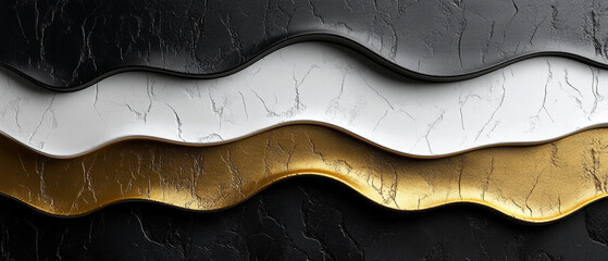 Obraz premium Abstract wavy layers of black, white, and gold textures create a modern artistic background for various design projects.