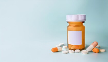 A bottle of medicine surrounded by colorful capsules and tablets on a light background, ideal for healthcare and wellness content.