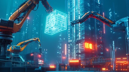 Futuristic cityscape with robotic arms and glowing neon cube in a cyberpunk industrial setting, showcasing advanced technology and innovation.