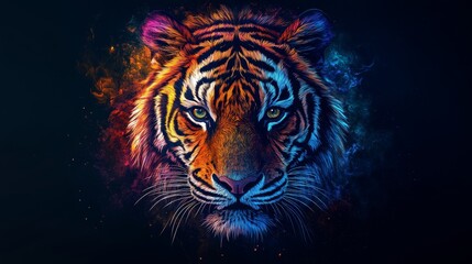 Majestic Tiger Head Illustration for T-Shirt Prints | Colorful and Realistic AI-Generated Artwork on Dark Background