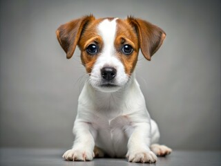 Fluffy Jack Russell Terrier pup strikes a pose, its big brown eyes shining bright and floppy ears wiggling with excitement.
