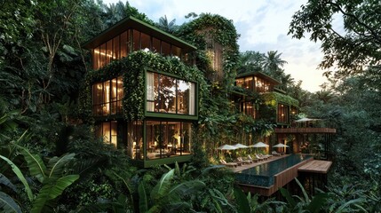 A boutique eco-resort with a deep forest green exterior, blending into its tropical rainforest surroundings, promoting sustainable tourism