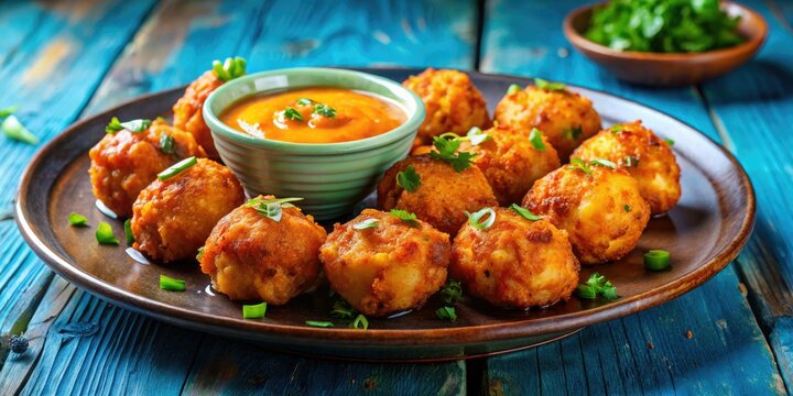 Freshly fried golden-brown conch fritters served sizzling hot on a blue plate, paired with a zesty citrus sauce for dipping.