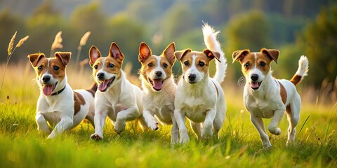 Frolicking Jack Russell Terriers romp through the lush green meadow, their energetic antics a delight to behold as they chase and play.