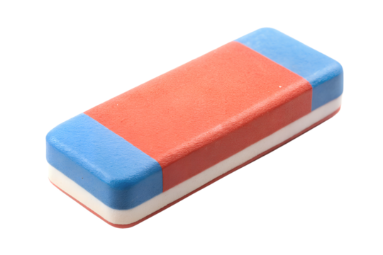 Close-up of red and blue eraser isolated on transparent background