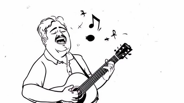 Black and white illustration of a joyful man singing passionately while playing an acoustic guitar, surrounded by musical notes