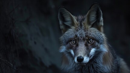 Fototapeta premium A close-up of a fox, showcasing its striking eyes and detailed fur in a dark, atmospheric background that highlights its beauty.