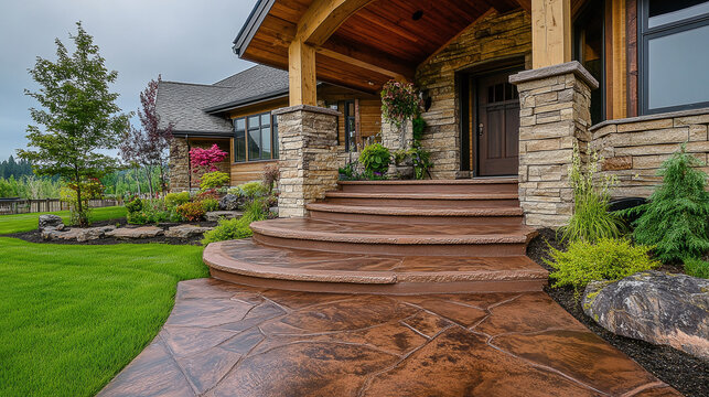 Stamped concrete patio resembling flagstone leading to house entrance