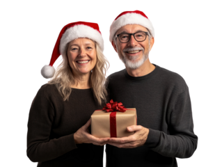 Elderly couple in Santa hats holding a Christmas gift, celebrating joyfully, isolated on white. PNG transparent.