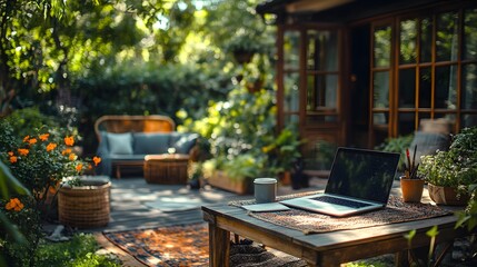 Minimalist outdoor office setup in a backyard with a laptop, cozy chair, and wooden table, surrounded by nature