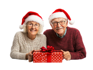 Elderly couple in Santa hats holding a Christmas gift, celebrating joyfully, isolated on white. PNG transparent.