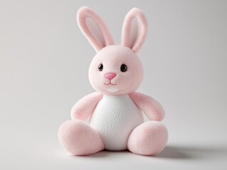 Obraz premium A soft, pink plush bunny sits alone against a plain white background, showcasing its cute design, large ears, and endearing expression.