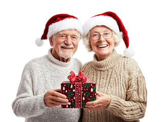 Elderly couple in Santa hats holding a Christmas gift, celebrating joyfully, isolated on white.  PNG transparent.