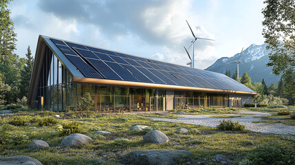 Obraz premium The sustainable building showcases solar panels on the roof and wind turbines nearby, highlighting modern eco-friendly architecture in a natural setting