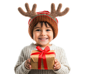Child with reindeer antlers holding a Christmas gift with red ribbon, smiling, isolated on white.  PNG transparent.