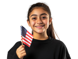 Young woman holding an American flag, smiling and patriotic, isolated on white background. PNG transparent.