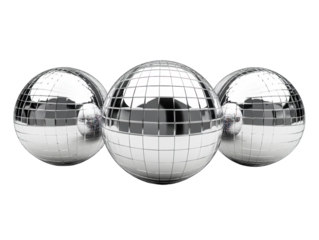 Shiny disco balls in different sizes casting light reflections, isolated on white background.  PNG transparent.