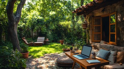 Home workspace setup outdoors with a desk, laptop, and comfortable chair, shaded by a large tree in a lush garden