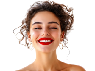 Joyful woman with red lipstick and festive earrings, smiling, isolated on white background.  PNG transparent.