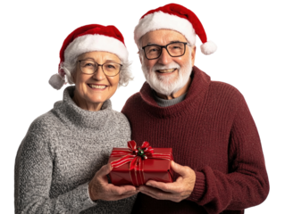 Elderly couple in Santa hats holding a Christmas gift, celebrating joyfully, isolated on white. PNG transparent.