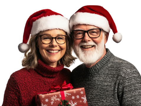 Elderly couple in Santa hats holding a Christmas gift, celebrating joyfully, isolated on white.  PNG transparent.