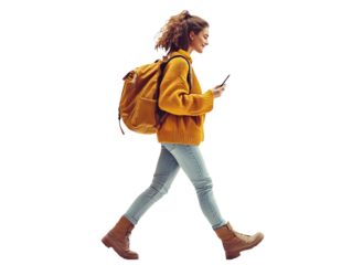 Young woman with backpack looking at phone while walking, casual attire, isolated on white background.  PNG transparent.