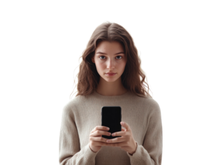 Young woman holding phone, looking confused or puzzled, isolated on white background.  PNG transparent.