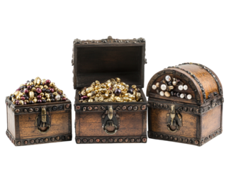 Three treasure chests filled with gold, frankincense, and myrrh, isolated on white background.  PNG transparent.
