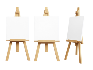 Wooden easel with blank canvas displayed from different angles, isolated on white background.  PNG transparent.